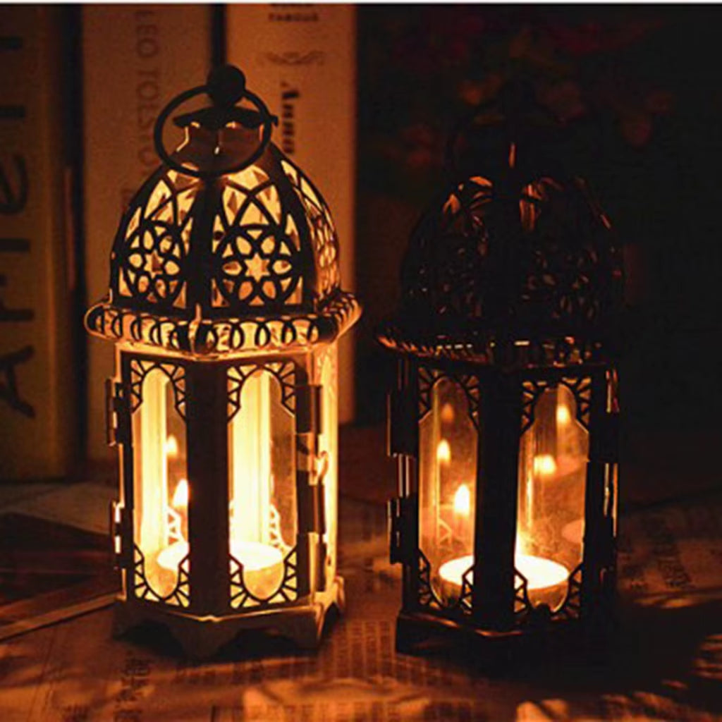 Wrought Iron Glass Wind Light Candle Holder Hanging Lantern Great for Patio Indoor Outdoors Events Wedding Party