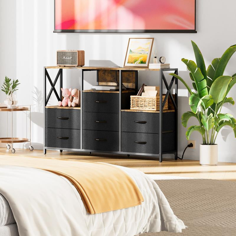 Decofy Dresser for Bedroom, 52 Inch Dressers TV Stand with LED Light and Power Outlets, 8 Fabric Dressers Chest of Drawers,Large Dresser Storage Organizer Kids Furniture Closet, Black Wooden Top