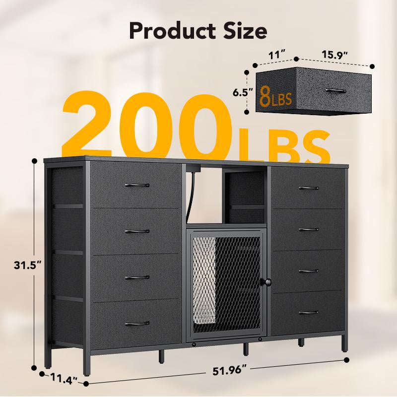 Decofy Dresser for Bedroom, 52 Inch Dressers TV Stand with LED Light and Power Outlets, 8 Fabric Dressers Chest of Drawers,Large Dresser Storage Organizer Kids Furniture Closet, Black Wooden Top