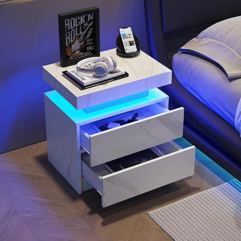Nightstand LED Bedside Table LED Cabinet LED Lights Modern End Side Table with 2 Drawers for Bedroom, 19.30" L X 13.7"W X 20.50" H In