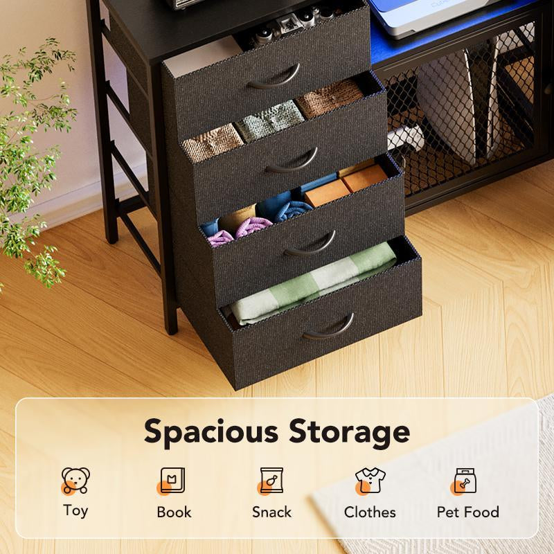 Decofy Dresser for Bedroom, 52 Inch Dressers TV Stand with LED Light and Power Outlets, 8 Fabric Dressers Chest of Drawers,Large Dresser Storage Organizer Kids Furniture Closet, Black Wooden Top