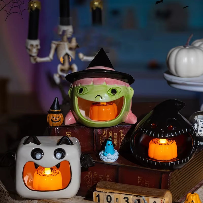 Ceramic Ghost Candle Holder Pumpkin Bat Candlestick Candy Storage Desktop Scented Candle Ornament Heat Resistant Home Decor Gift