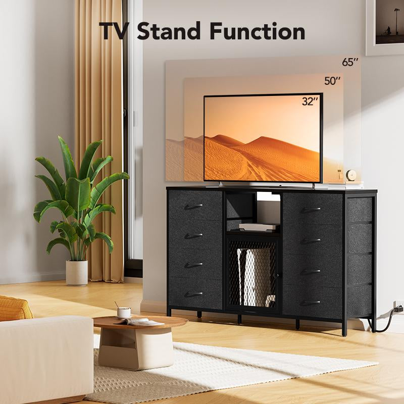 Decofy Dresser for Bedroom, 52 Inch Dressers TV Stand with LED Light and Power Outlets, 8 Fabric Dressers Chest of Drawers,Large Dresser Storage Organizer Kids Furniture Closet, Black Wooden Top