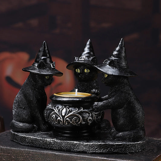 Halloween Candlestick Black Cat Tealight Candle Holder Gothic Figurine for Dining Table Living Room Festival Mantel Housewarming