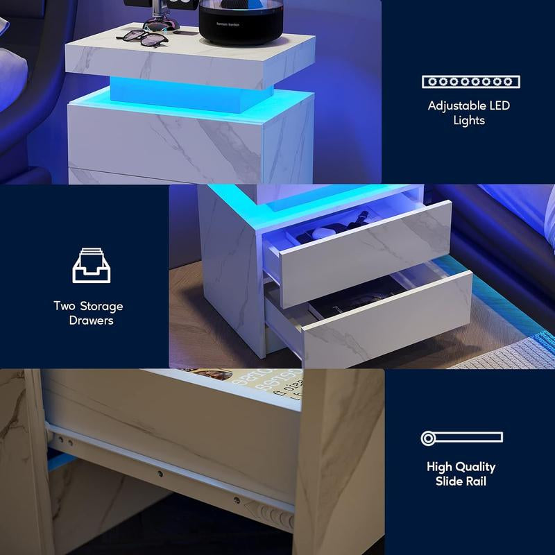 Nightstand LED Bedside Table LED Cabinet LED Lights Modern End Side Table with 2 Drawers for Bedroom, 19.30" L X 13.7"W X 20.50" H In