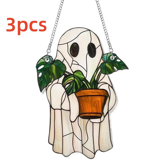 Cute Ghost Plant Suncatcher - Cute Ghost Plant Suncatcher - Ghost and Monstera Acrylic Ornament, Perfect Halloween Hanging Decor, Ideal Gift for Plant Lovers and Moms Colorful Artistic Magical Wedding Window Acrylic: Height 7.6 Inches（3Pcs）