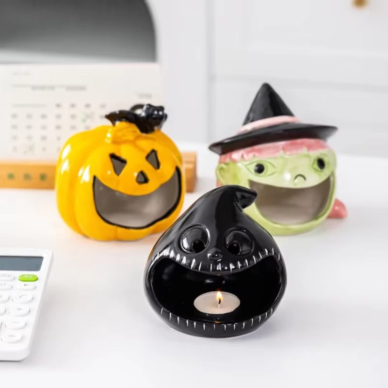 Ceramic Ghost Candle Holder Pumpkin Bat Candlestick Candy Storage Desktop Scented Candle Ornament Heat Resistant Home Decor Gift