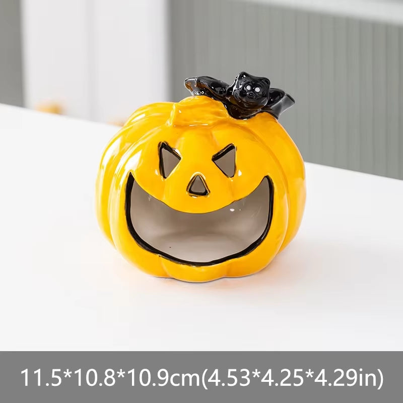 Ceramic Ghost Candle Holder Pumpkin Bat Candlestick Candy Storage Desktop Scented Candle Ornament Heat Resistant Home Decor Gift