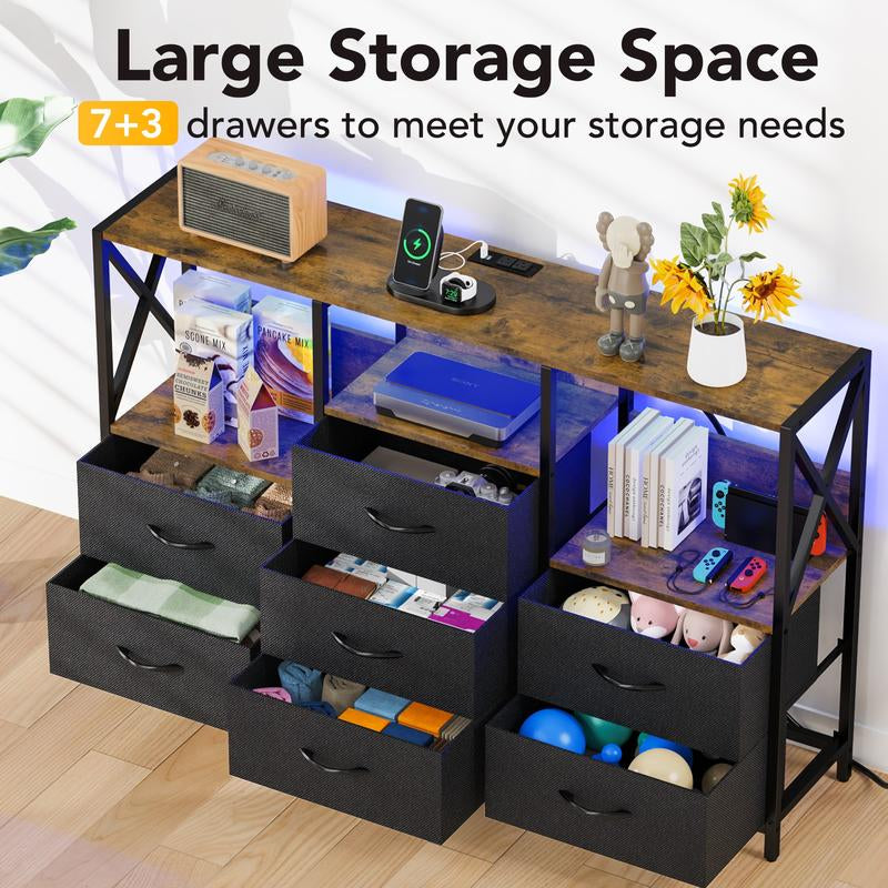 Decofy Dresser for Bedroom, 52 Inch Dressers TV Stand with LED Light and Power Outlets, 8 Fabric Dressers Chest of Drawers,Large Dresser Storage Organizer Kids Furniture Closet, Black Wooden Top
