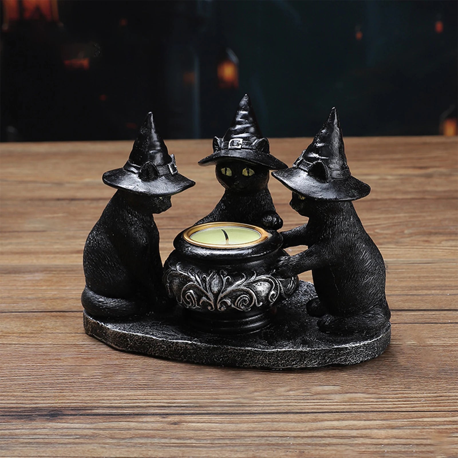 Halloween Candlestick Black Cat Tealight Candle Holder Gothic Figurine for Dining Table Living Room Festival Mantel Housewarming