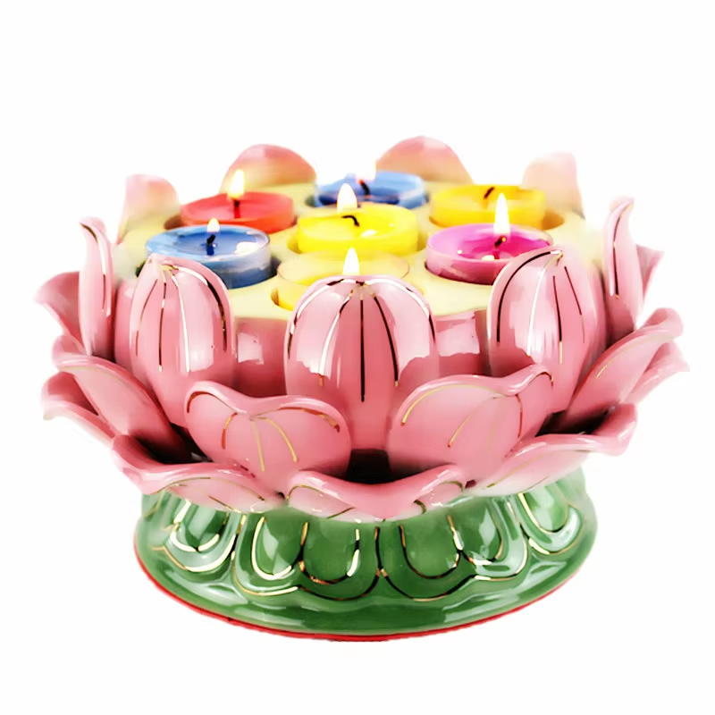 Seven Star Lotus Flower Candleholder Ceramic Lamp Golden Yellow Pink White Candle Buddhist Holder Candlestick Candler Buddha