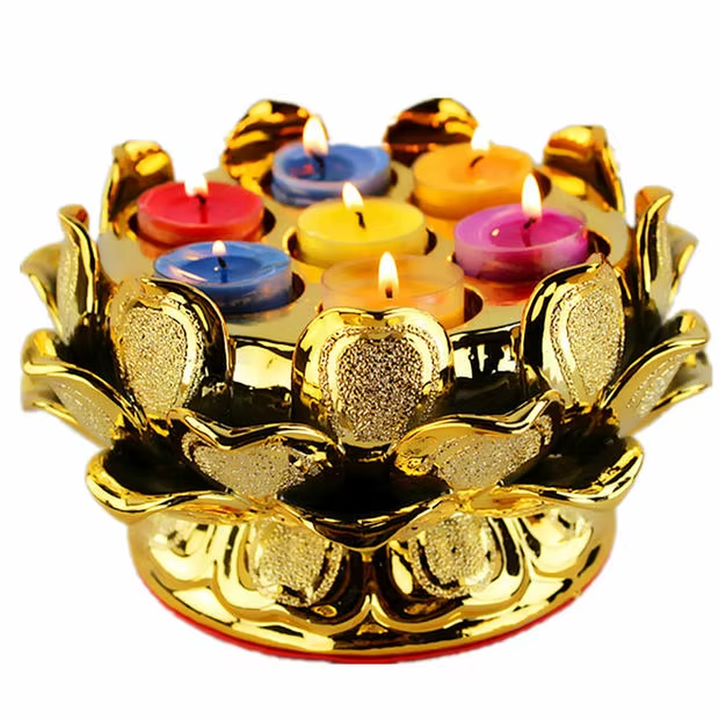 Seven Star Lotus Flower Candleholder Ceramic Lamp Golden Yellow Pink White Candle Buddhist Holder Candlestick Candler Buddha