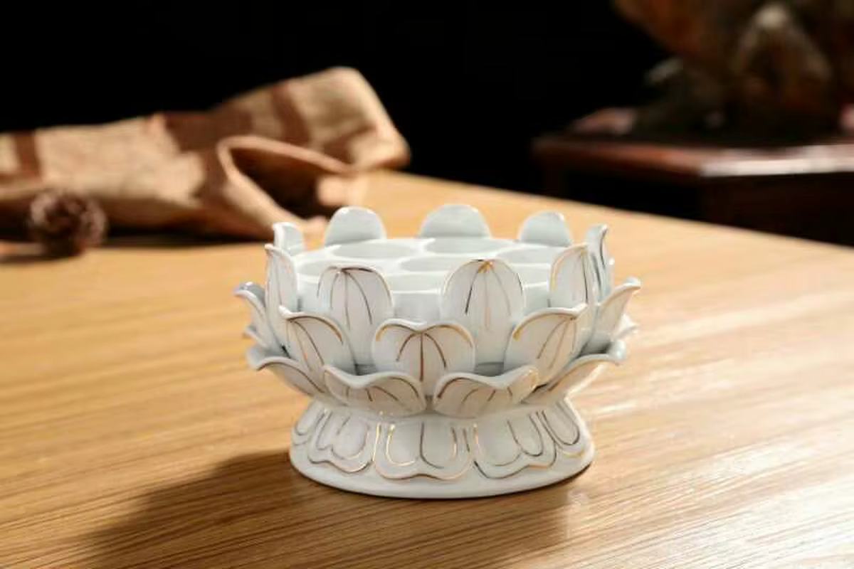 Seven Star Lotus Flower Candleholder Ceramic Lamp Golden Yellow Pink White Candle Buddhist Holder Candlestick Candler Buddha