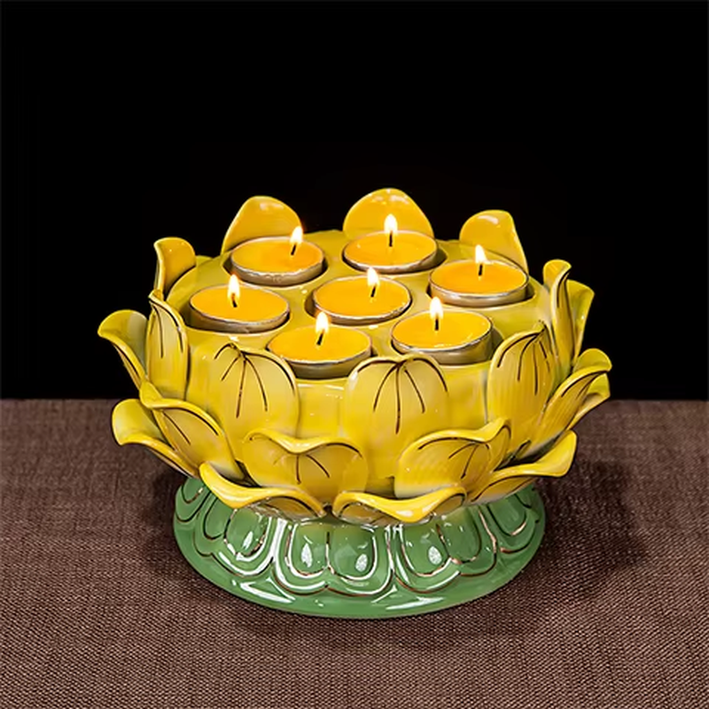 Seven Star Lotus Flower Candleholder Ceramic Lamp Golden Yellow Pink White Candle Buddhist Holder Candlestick Candler Buddha