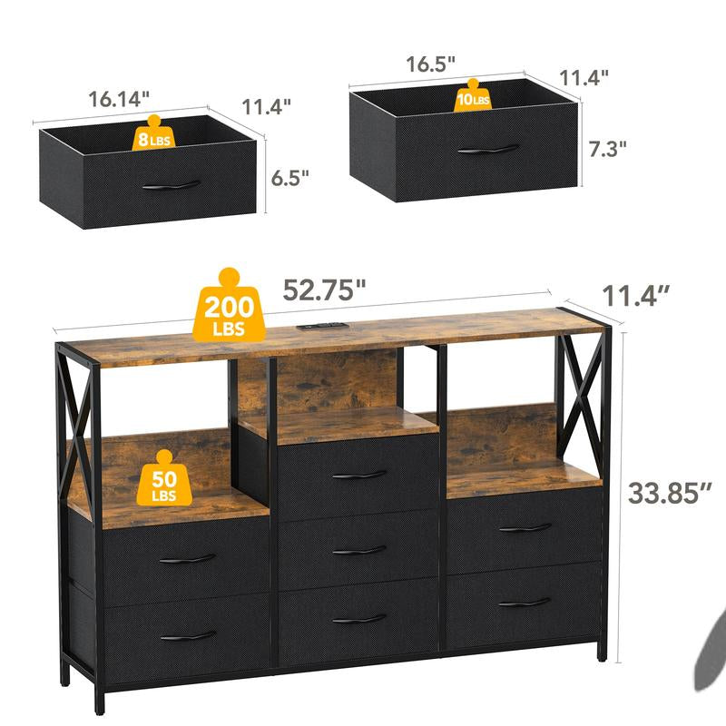 Decofy Dresser for Bedroom, 52 Inch Dressers TV Stand with LED Light and Power Outlets, 8 Fabric Dressers Chest of Drawers,Large Dresser Storage Organizer Kids Furniture Closet, Black Wooden Top
