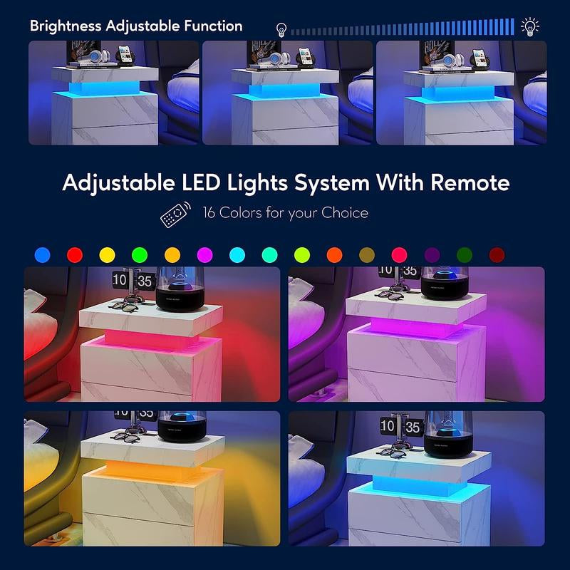 Nightstand LED Bedside Table LED Cabinet LED Lights Modern End Side Table with 2 Drawers for Bedroom, 19.30" L X 13.7"W X 20.50" H In