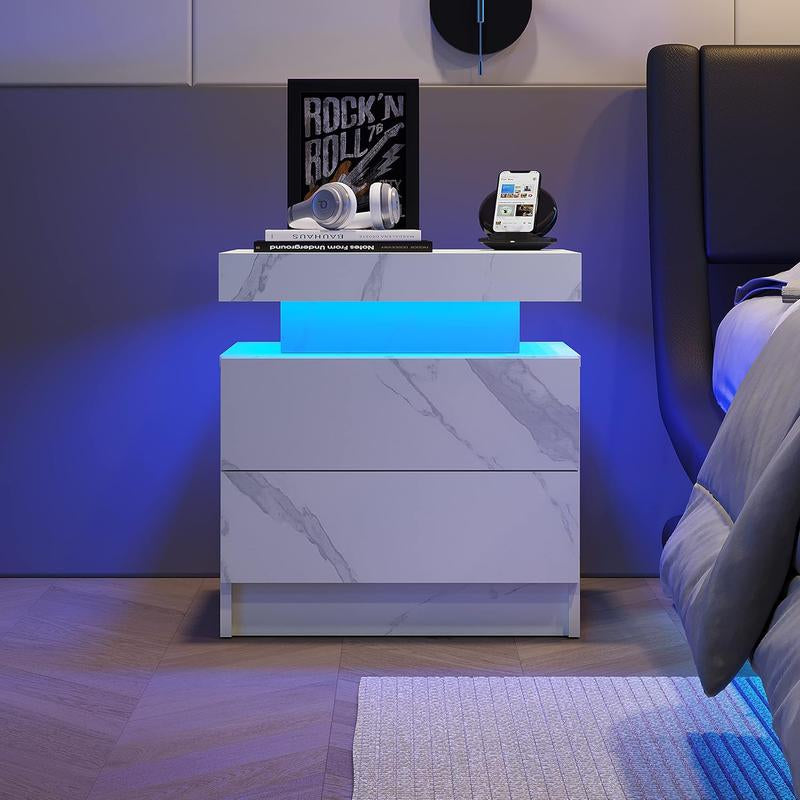 Nightstand LED Bedside Table LED Cabinet LED Lights Modern End Side Table with 2 Drawers for Bedroom, 19.30" L X 13.7"W X 20.50" H In