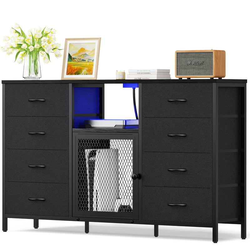 Decofy Dresser for Bedroom, 52 Inch Dressers TV Stand with LED Light and Power Outlets, 8 Fabric Dressers Chest of Drawers,Large Dresser Storage Organizer Kids Furniture Closet, Black Wooden Top