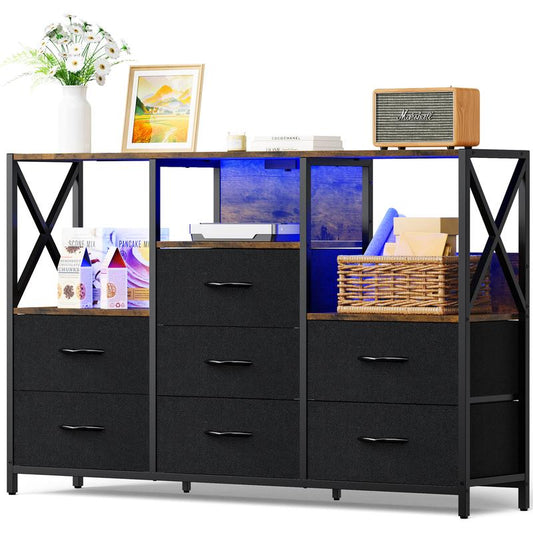 Decofy Dresser for Bedroom, 52 Inch Dressers TV Stand with LED Light and Power Outlets, 8 Fabric Dressers Chest of Drawers,Large Dresser Storage Organizer Kids Furniture Closet, Black Wooden Top