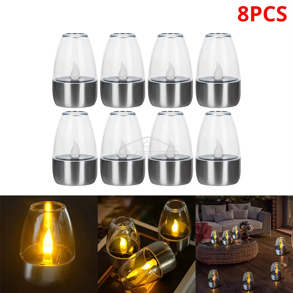 Solar Light LED Stainless Steel Candle Outdoor Courtyard Decorative Atmosphere Night Lights Halloween Candlelight Dinner Lamping