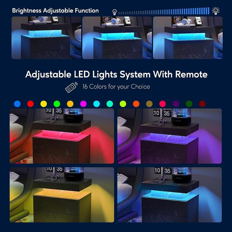Nightstand LED Bedside Table LED Cabinet LED Lights Modern End Side Table with 2 Drawers for Bedroom, 19.30" L X 13.7"W X 20.50" H In