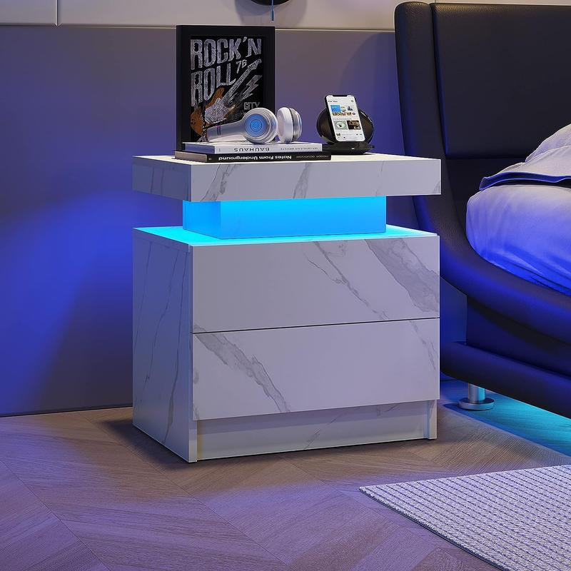 Nightstand LED Bedside Table LED Cabinet LED Lights Modern End Side Table with 2 Drawers for Bedroom, 19.30" L X 13.7"W X 20.50" H In