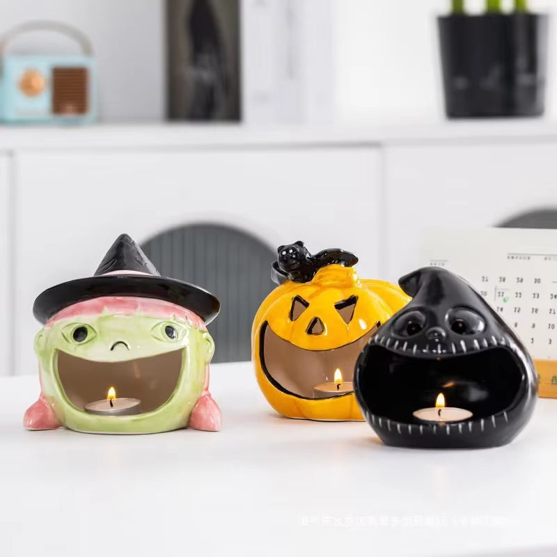 Ceramic Ghost Candle Holder Pumpkin Bat Candlestick Candy Storage Desktop Scented Candle Ornament Heat Resistant Home Decor Gift