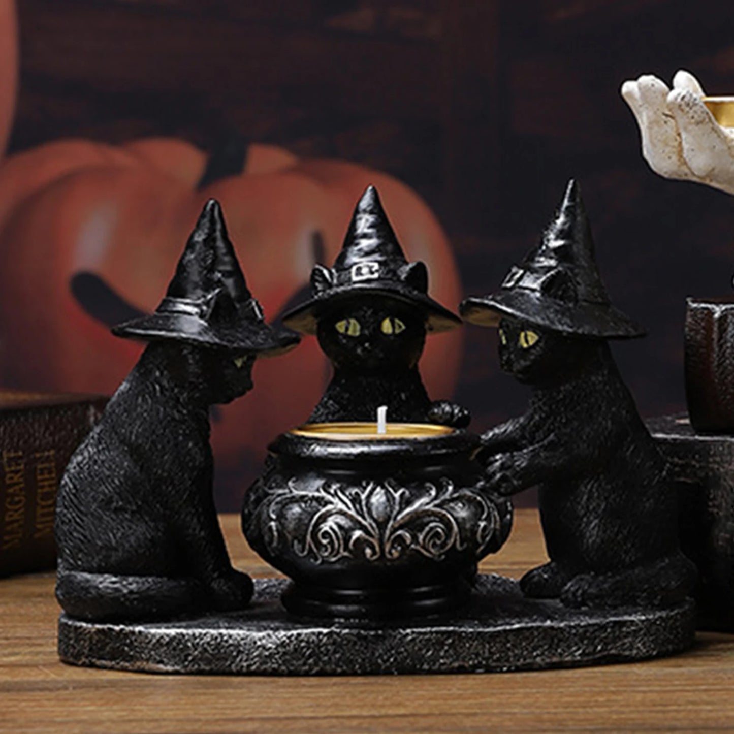 Halloween Candlestick Black Cat Tealight Candle Holder Gothic Figurine for Dining Table Living Room Festival Mantel Housewarming