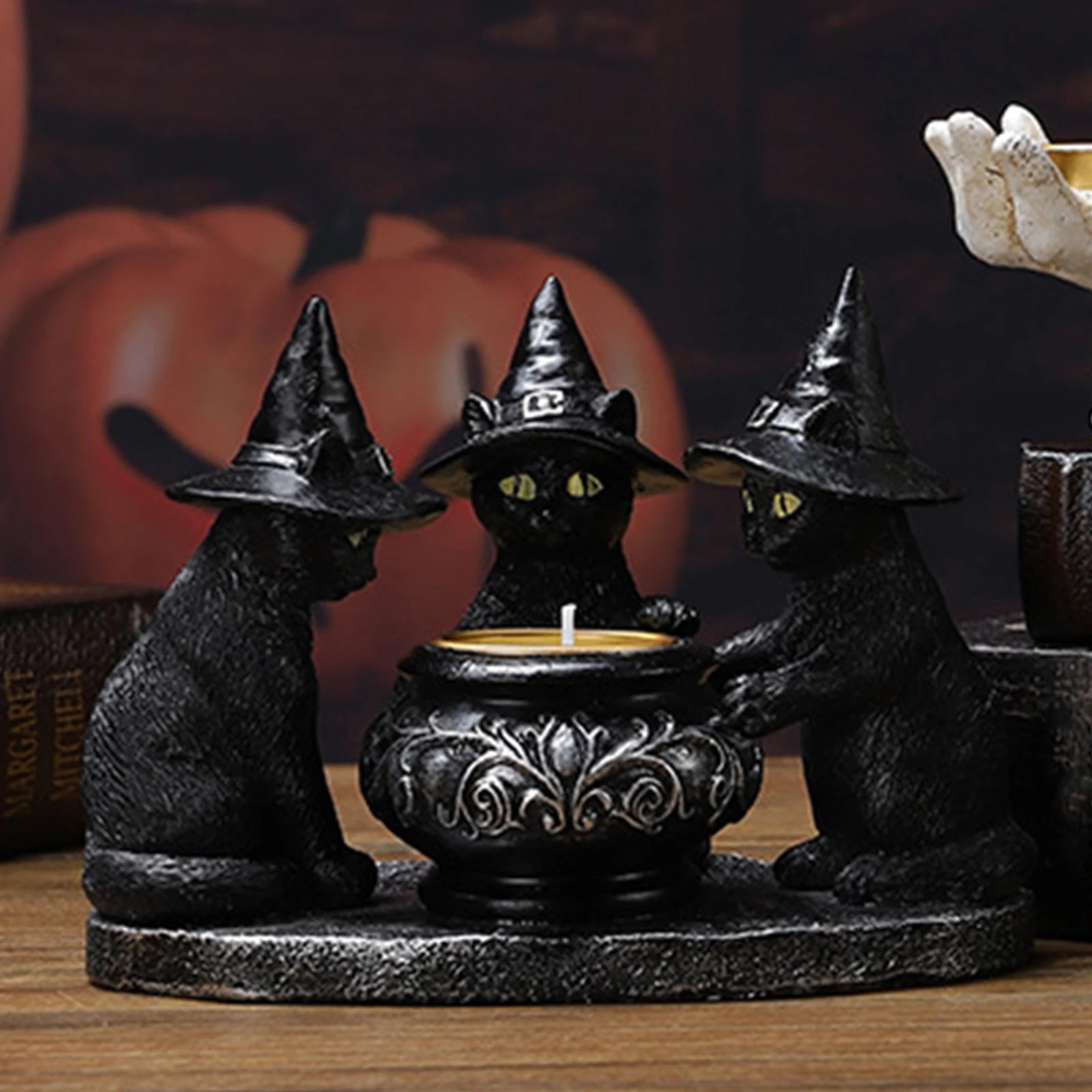 Halloween Candlestick Black Cat Tealight Candle Holder Gothic Figurine for Dining Table Living Room Festival Mantel Housewarming
