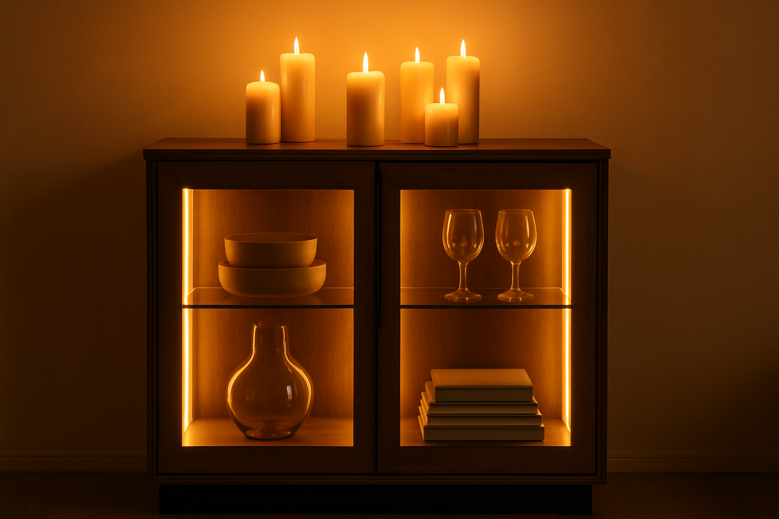 LED Cabinet against a warm background with candles on top